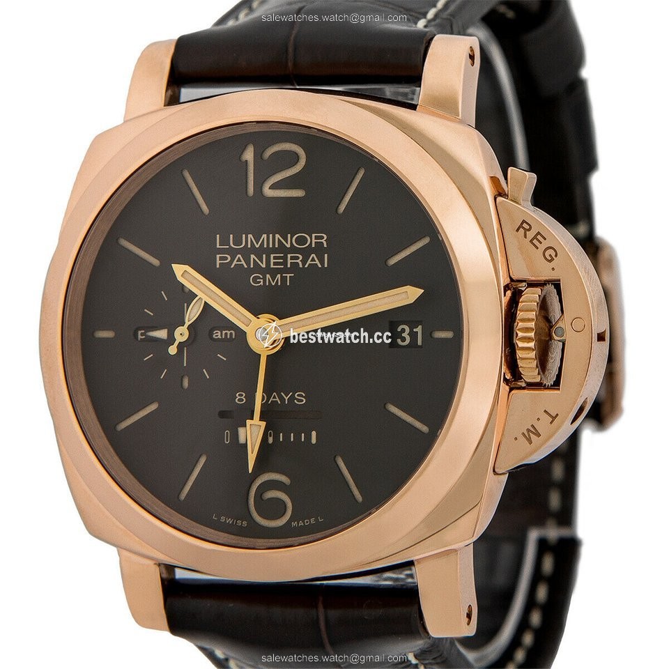 IMG_9085 Panerai Luminor 1950 8 Days GMT Mens watch Unisex Manual winding Rose gold PAM 576 Replica 2