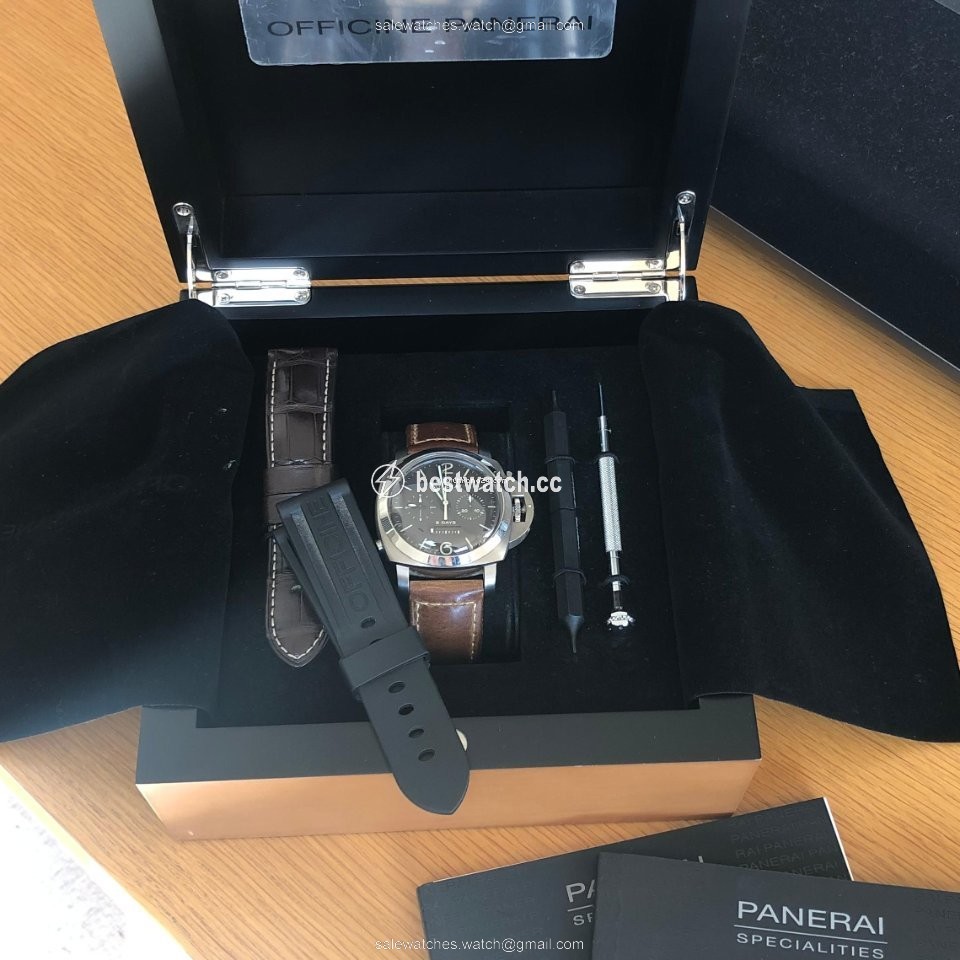 IMG_9085 Panerai Luminor 1950 8 Days Chrono Monopulsante GMT Mens watch Unisex Manual winding Titanium PAM 00311 Replica 2