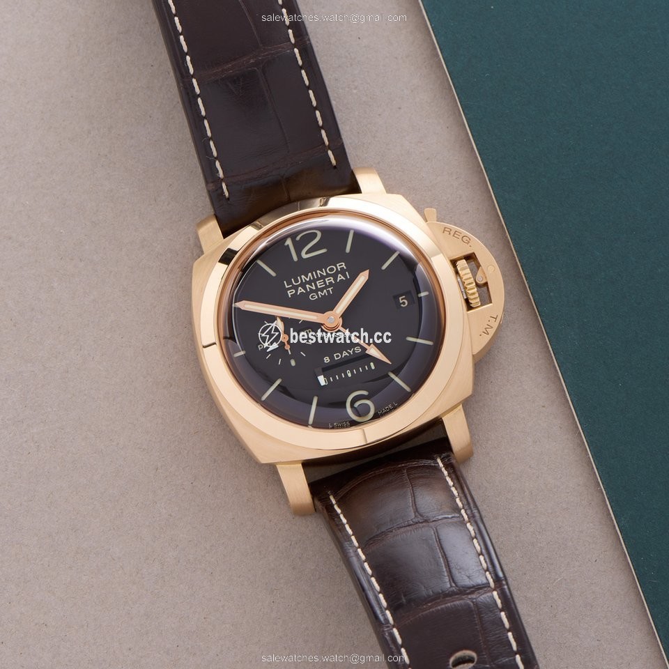 IMG_9085 Panerai Luminor 1950 8 Days GMT Mens watch Unisex Manual winding Rose gold PAM00576 Replica 2