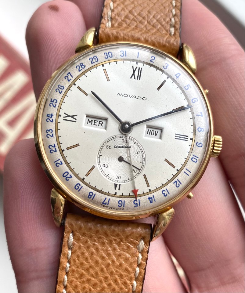 IMG_9081 Movado Mens watch Unisex Manual winding Yellow gold Movado Triple Calendar Replica 4