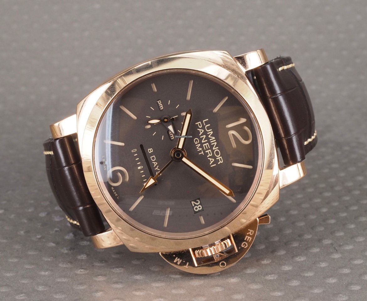 IMG_9081 Panerai Luminor 1950 8 Days GMT Mens watch Unisex Manual winding Rose gold PAM 00576 Replica 4