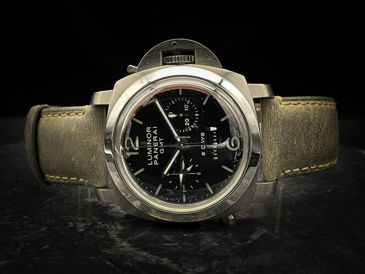 IMG_9081 Panerai Luminor 1950 8 Days Chrono Monopulsante GMT Mens watch Unisex Manual winding Steel PAM 00275 Replica 4