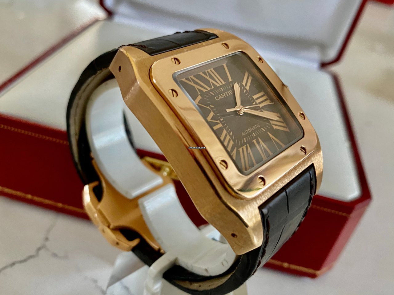 Cartier Santos 100 Mens watch Unisex Automatic Rose gold 2792 Replica 4
