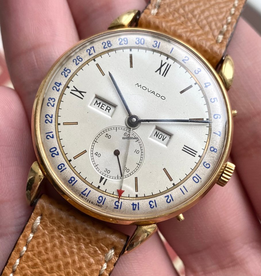 IMG_9081 Movado Mens watch Unisex Manual winding Yellow gold Movado Triple Calendar Replica 5