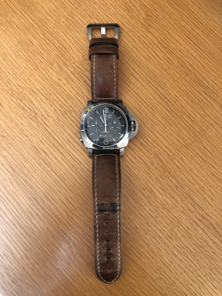 IMG_9081 Panerai Luminor 1950 8 Days Chrono Monopulsante GMT Mens watch Unisex Manual winding Titanium PAM 00311 Replica 5