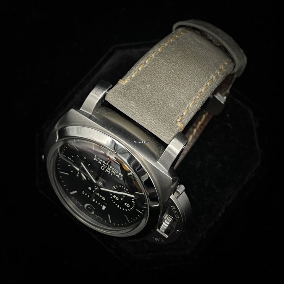 IMG_9081 Panerai Luminor 1950 8 Days Chrono Monopulsante GMT Mens watch Unisex Manual winding Steel PAM 00275 Replica 5
