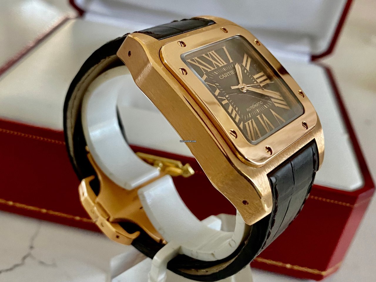 Cartier Santos 100 Mens watch Unisex Automatic Rose gold 2792 Replica 5