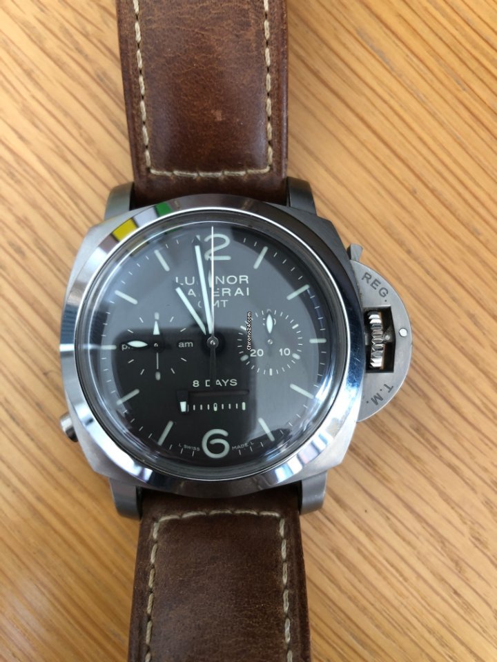 IMG_9081 Panerai Luminor 1950 8 Days Chrono Monopulsante GMT Mens watch Unisex Manual winding Titanium PAM 00311 Replica 7