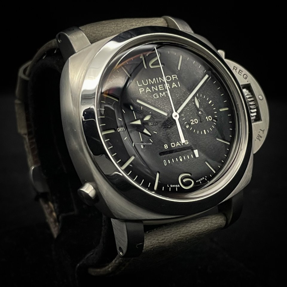 IMG_9081 Panerai Luminor 1950 8 Days Chrono Monopulsante GMT Mens watch Unisex Manual winding Steel PAM 00275 Replica 7