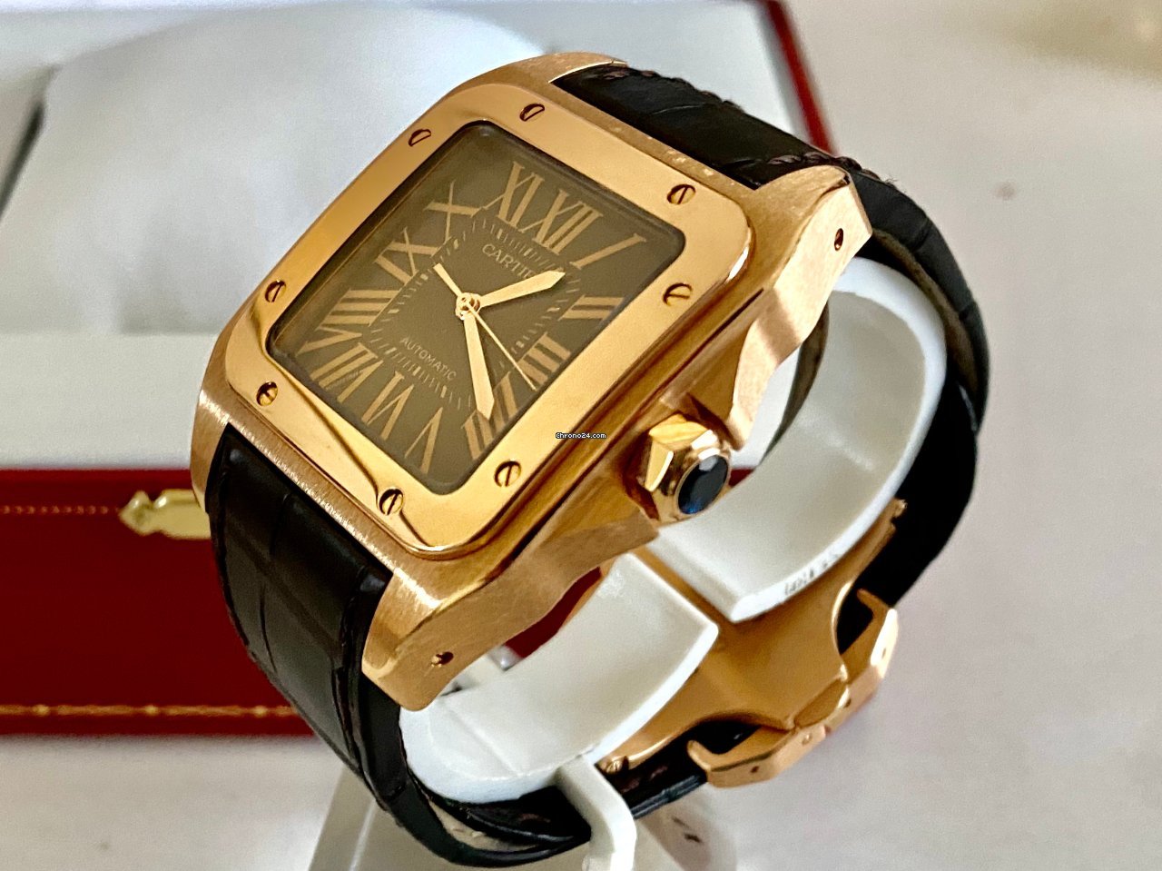 Cartier Santos 100 Mens watch Unisex Automatic Rose gold 2792 Replica 7