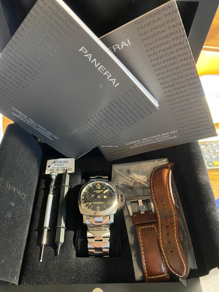 IMG_9081 Panerai Luminor 1950 3 Days GMT Automatic Mens watch Unisex Automatic Steel PAM 00531 Replica 7