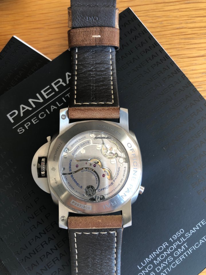 IMG_9081 Panerai Luminor 1950 8 Days Chrono Monopulsante GMT Mens watch Unisex Manual winding Titanium PAM 00311 Replica 8