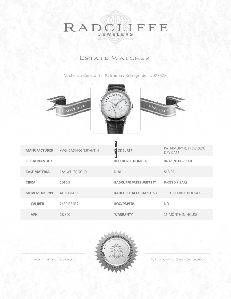 IMG_9081 Vacheron Constantin Patrimony Mens watch Unisex Automatic White gold 86020 Replica 8