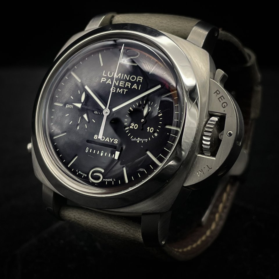IMG_9081 Panerai Luminor 1950 8 Days Chrono Monopulsante GMT Mens watch Unisex Manual winding Steel PAM 00275 Replica 8