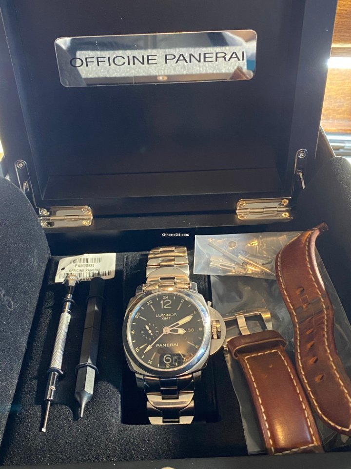 IMG_9081 Panerai Luminor 1950 3 Days GMT Automatic Mens watch Unisex Automatic Steel PAM 00531 Replica 8